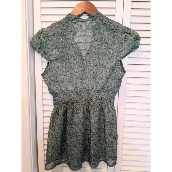 Y2K Candies Cap Sleeve Green Floral Blouse Top S Cottagecore Peasant - Picture 3 of 6
